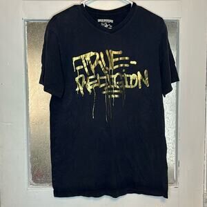 True Religion Brand Jeans Black and Gold Graffiti Style Short Sleeve Tshirt Med